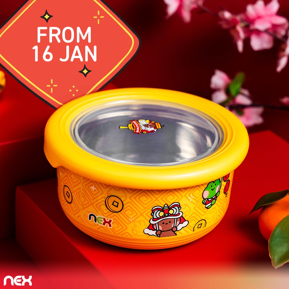 A bright yellow LINE FRIENDS minini Lucky Bowl with a stainless steel interior and airtight lid.